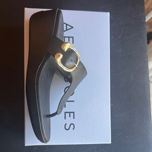 Black Wedge Thong Sandal with Gold Buckle